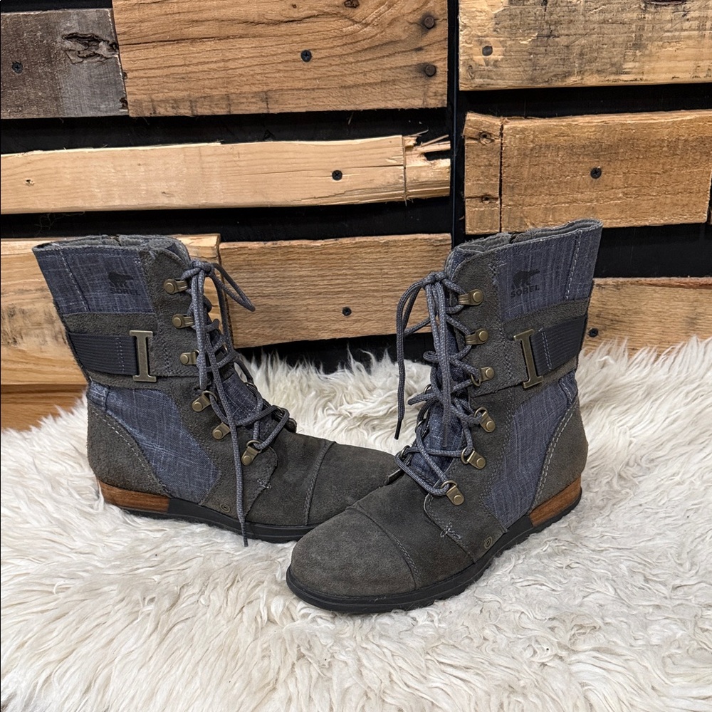 Sorel Major Carly Moto Boots Booties Shoes Womens Size 9 Blue Gray Suede Lace Up